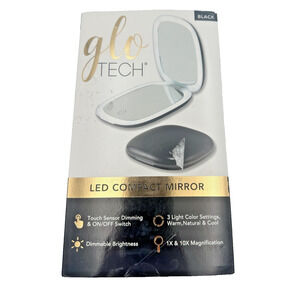 Glo Tech LED Compact Mirror 1X 10X Magnification 3 Light Modes 4x4 Black NWT